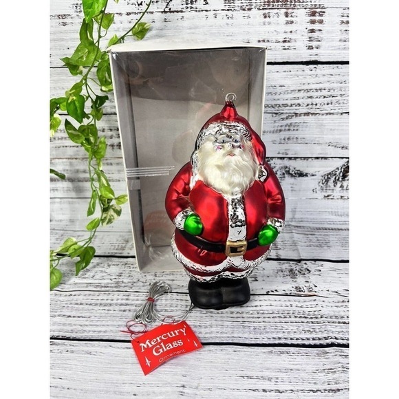 Vintage Department 80 Mercury Glass St. Nick Santa 9" Ornament Handpainted w Box - Picture 2 of 15